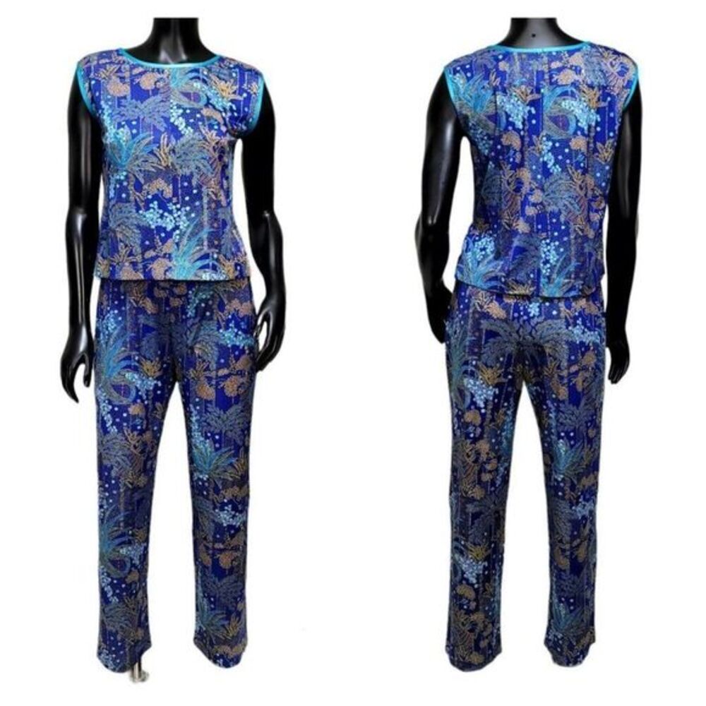 Vintage 70s Blue Tropical Print Pant Set Womens M Lounge Resort Mod 2 Piece